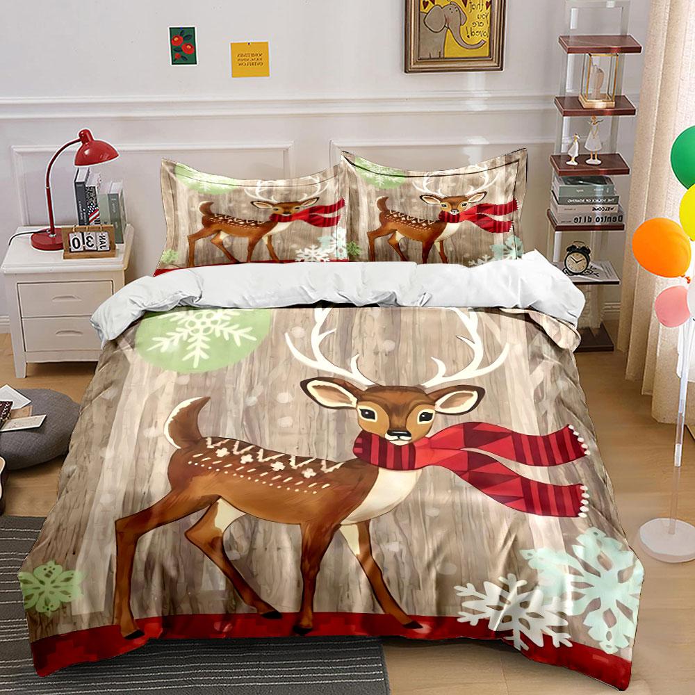 Deer with Red Scarf Winter Decor Bedding Duvet Cover Set Duvet Cover Pillowcases (1*Duvet Cover 2*Pillowcases, without duvet insert)