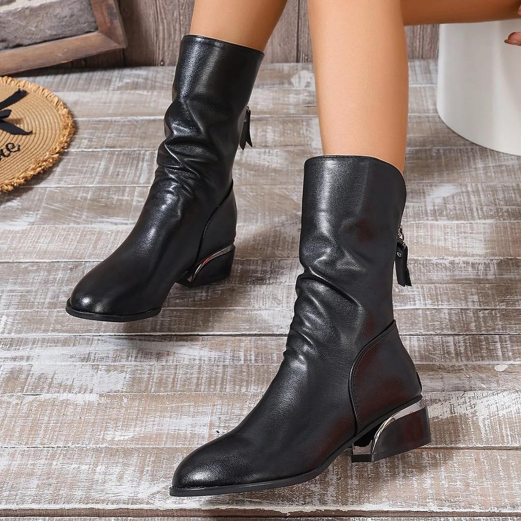 Medium Heel Black Fashion Boots 2024 Not Knee Mid-calf Back Zip British Style Botas Mujer Casual Versatile Winter Shoes Women