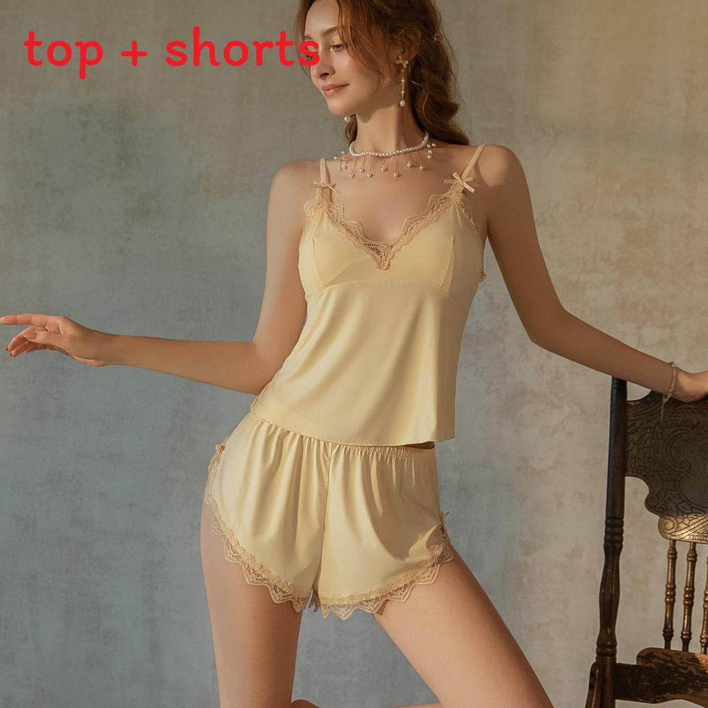 Lingerie Set With Lace Vneck Sleeveless Short Pants For Women