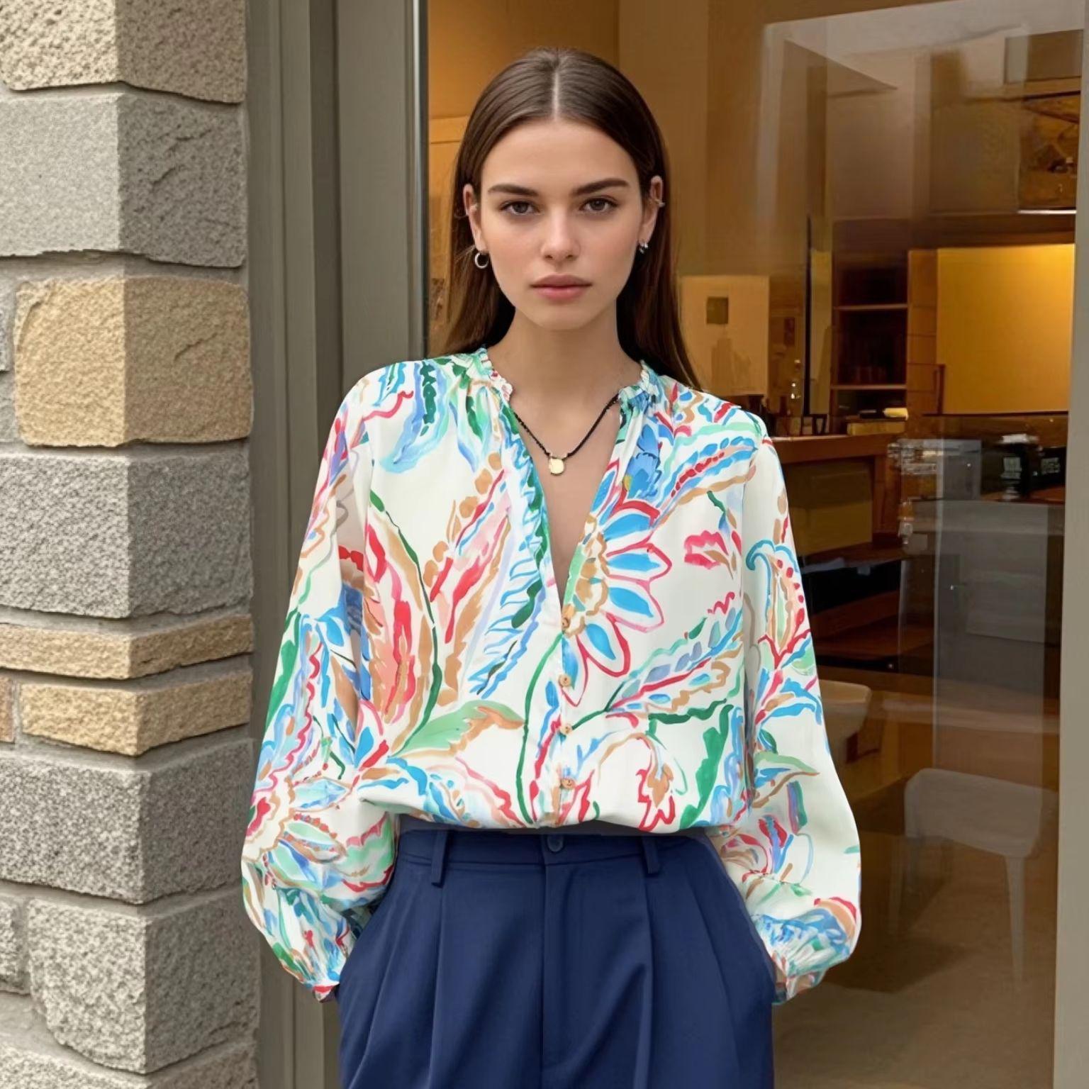 

2025 Spring/Summer Women s Versatile Loose V-Neck Printed Poplin Shirt Extra Small