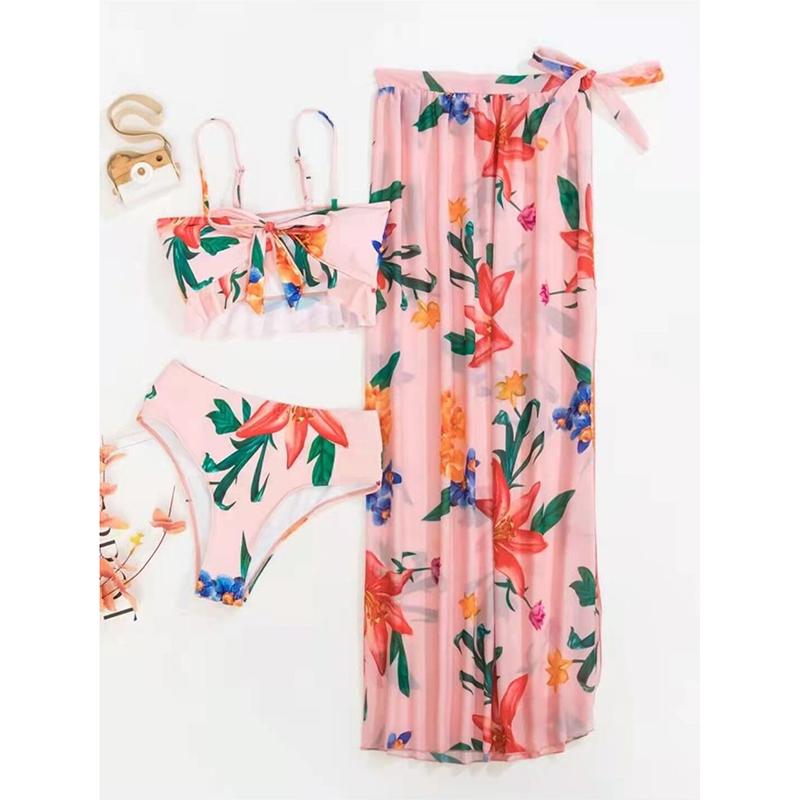 Three-Piece Bikini Set Women Swimsuit Floral Print Beach Wrap Skirt Female Swimwear Bathing Summer Fashion Beachwear