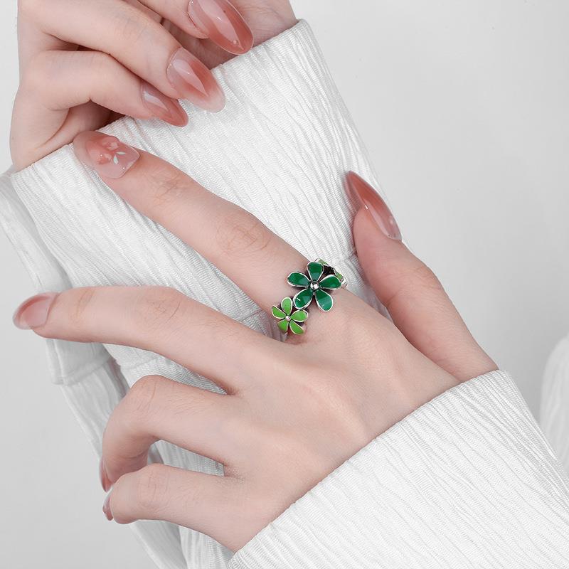 Cute Green Five Petals Flower Ring For Women Glue Dispensing Adjustable Open Ring Handmade Zircon Unisex Accessories Girl Gift