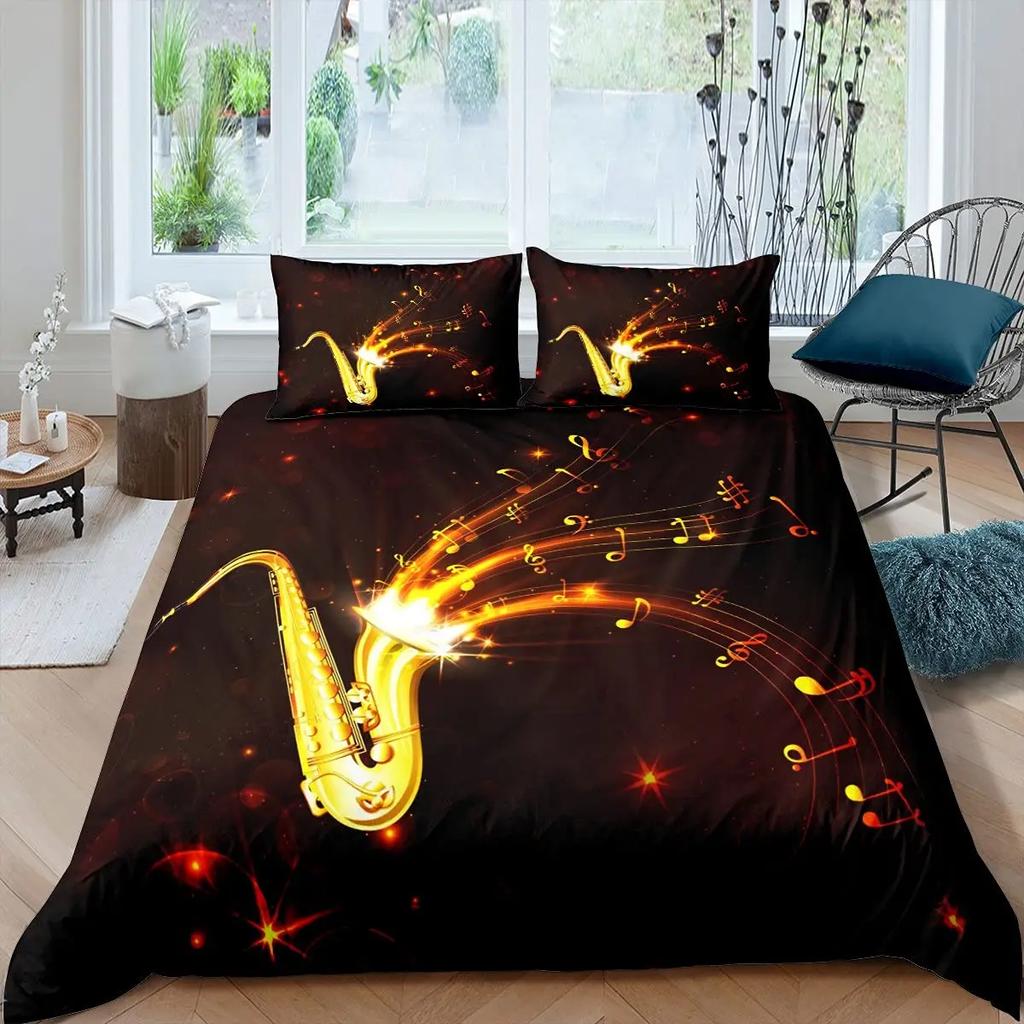Saxophone Soft Duvet Cover Set Rotating Musical Notes Beding Set Musical Instrument Retro Jaz Music Theme Twin Comfortable Quilt Cover for Children
