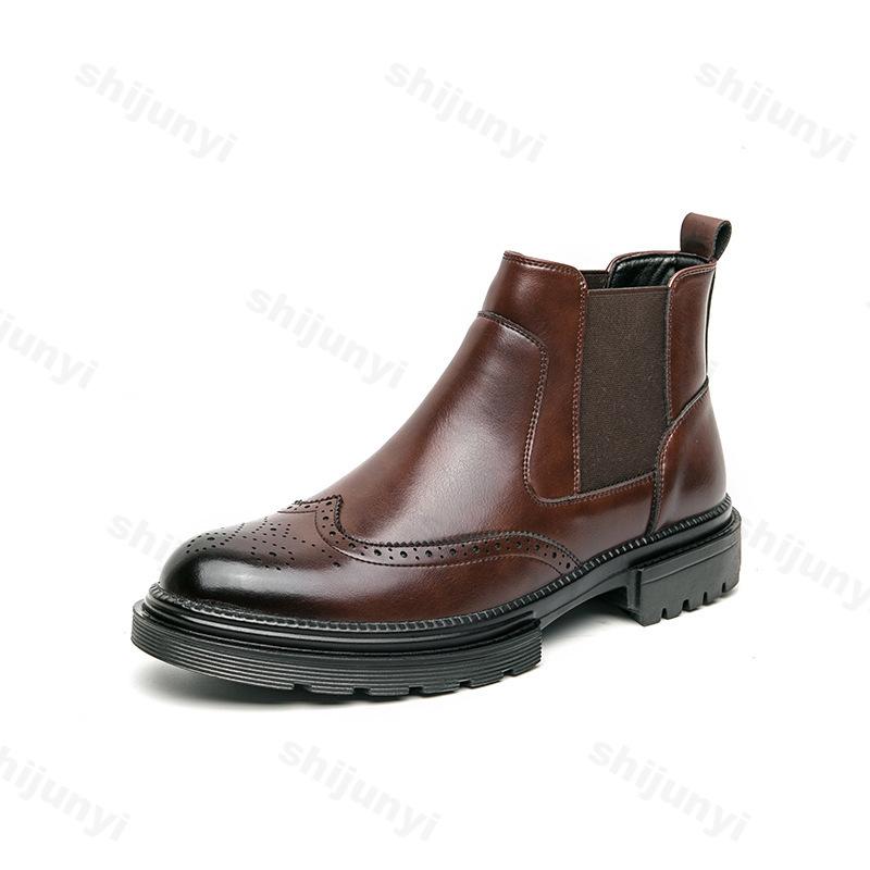 Fashion Men Boots New High Top Solid Color Round Head Carved Business Casual Men Boots British Style PU Leather Boots Large Size 38-46