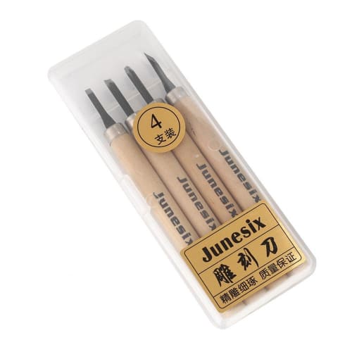 Wood Carving Tool Set, 4-Piece Set with Chisels, Extra Fine, Round, and Extra Fine, for Beginners, Manual Sharpener, Rubber Stamp, Knife Carving Tool