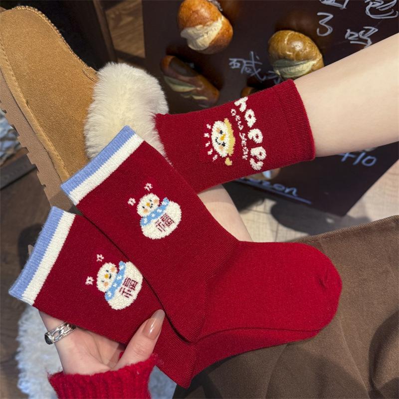 Woolen Socks for Women, Thick and Warm Mid-calf Socks for Autumn and Winter, Little Snowman Cartoon Versatile Long Socks