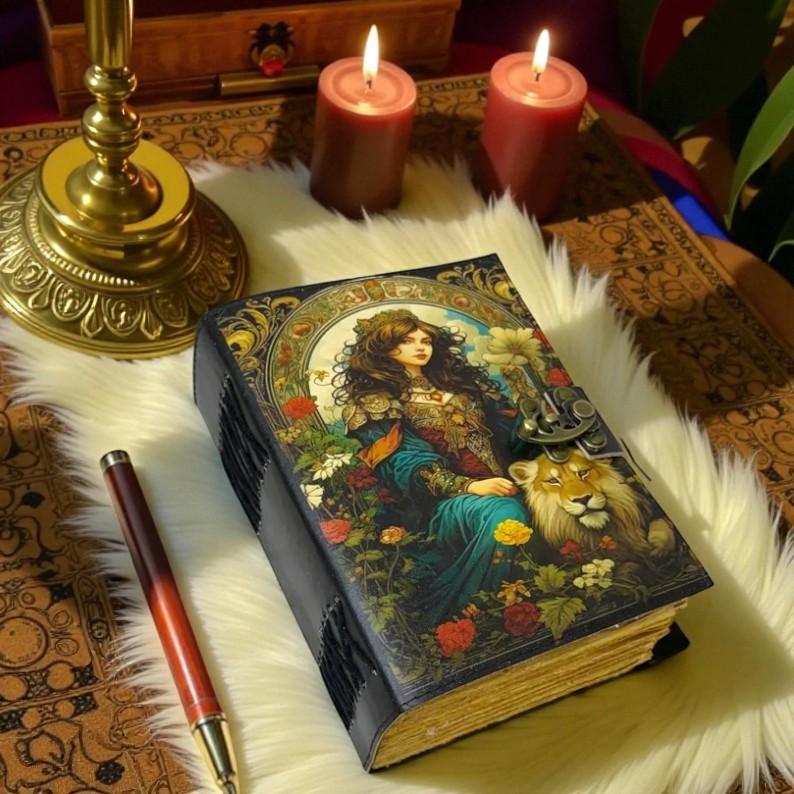 Handmade Goddess & Lion Leather Journal | 5×7" Vintage Notebook | Medieval Art Diary with Lock | Floral Mythical Writing Journal