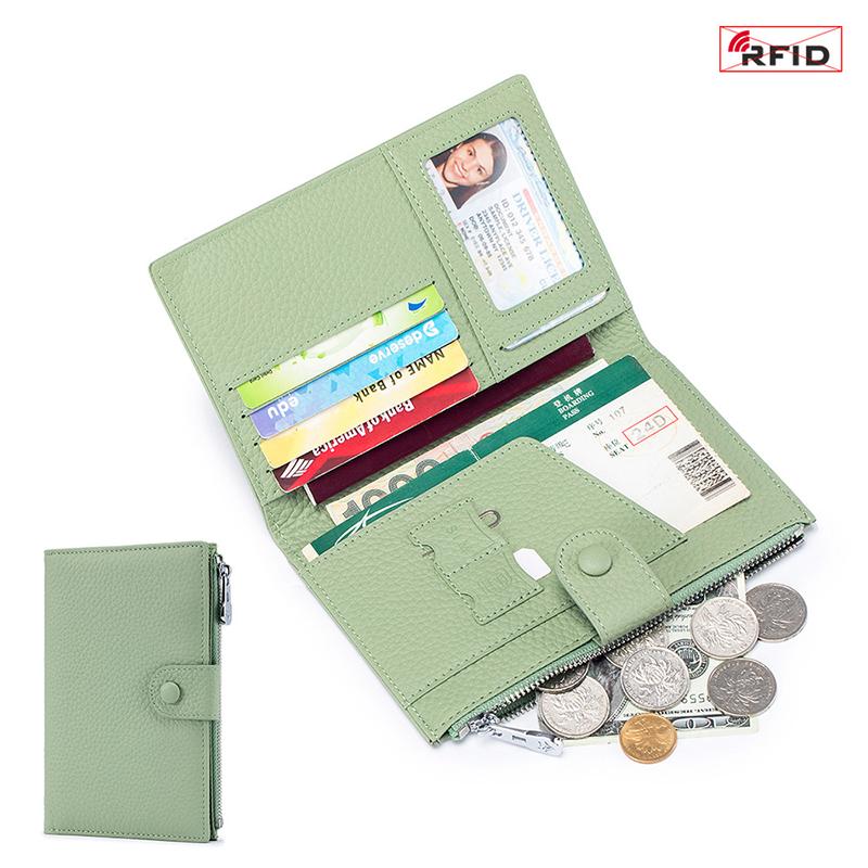 Rfid Multifunctional Travel Passport Wallet Card Holder Women'S Leather Thin Wallet Ticket Cover Holder Zipper Pocket Card Holder