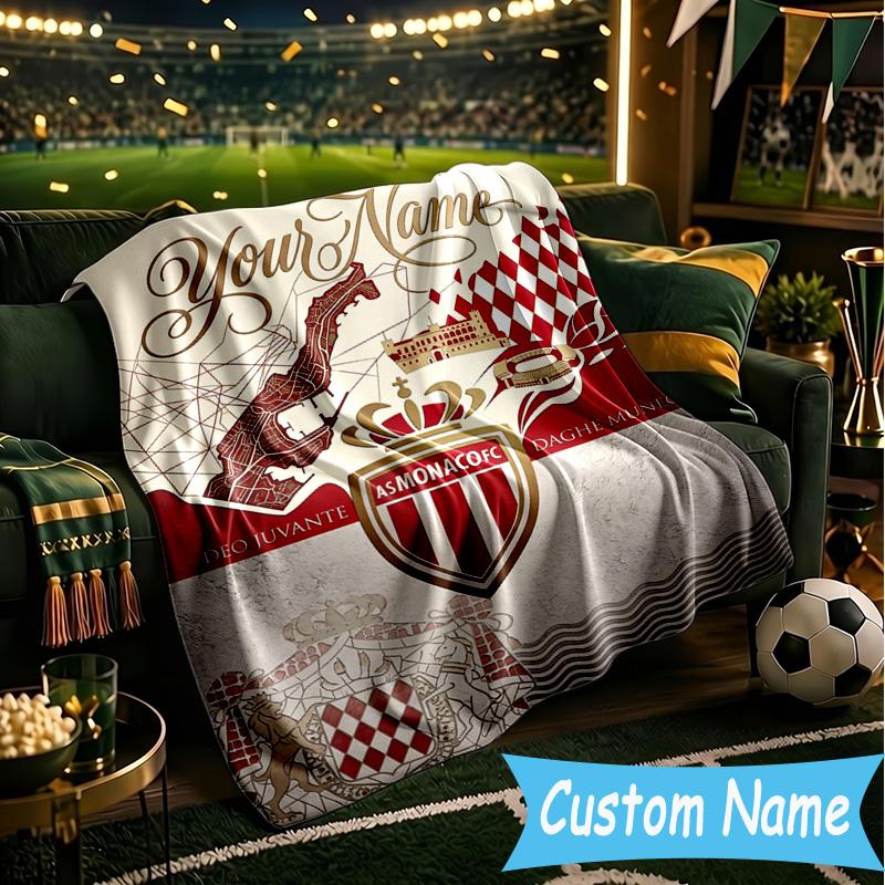 Custom Name As Monaco Fc Crest Flannel Blanket, Use for Birthday/Holiday Gift, Soft Blanket for Sofa/Bed/Camping/Office, Home Decor