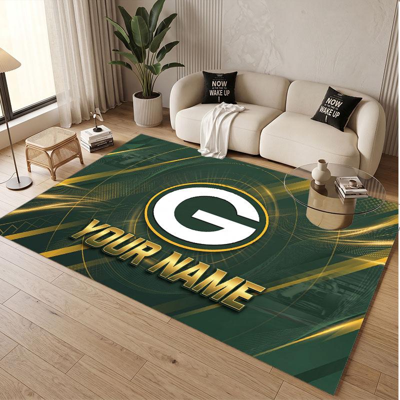 Custom Rug Green Bay Packers Pattern Print Name Text Soft Non‑Slip Floor Carpet for Home Indoor Decoration