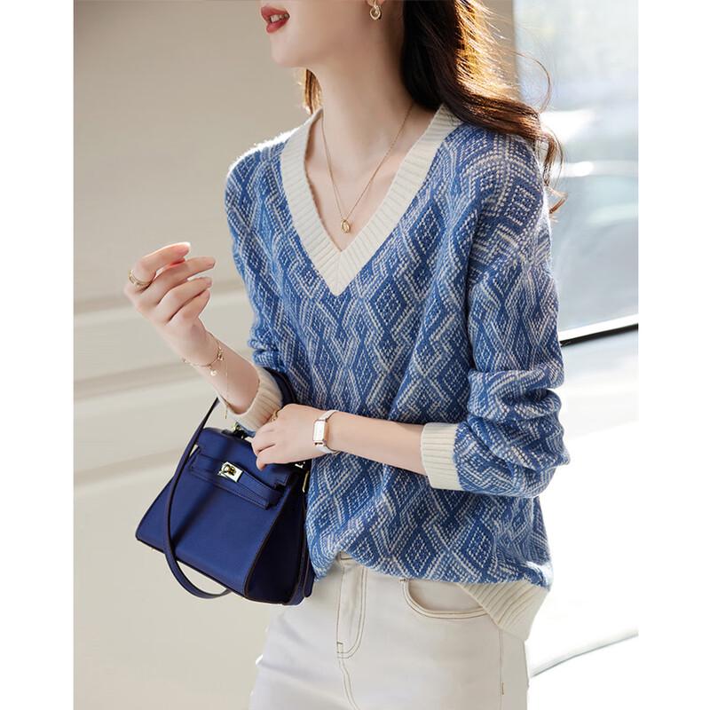 Demana Women's V-Neck Retro Plaid Knit Sweater