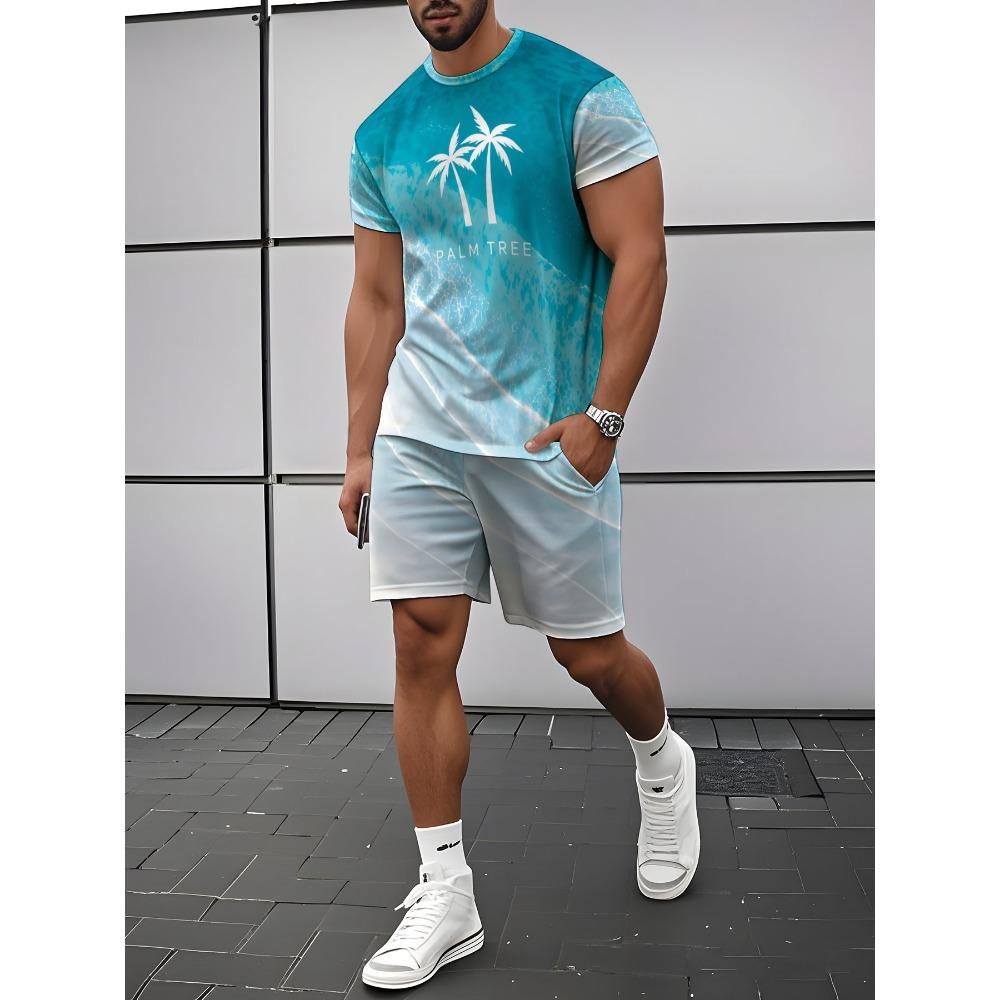 Men's Outdoor Leisure Sports 3D Printed Round Neck Short Sleeved T-shirt and Shorts Set Trendy and Fashionable Men's T-shirt