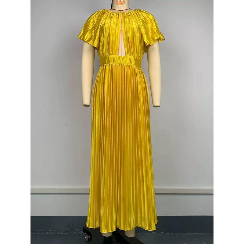 

Fashion Fashion round Neck Pleated Pure Color Ruffle Sleeve Dress Dress round Neck Neck Pleated Dress Wheat color L