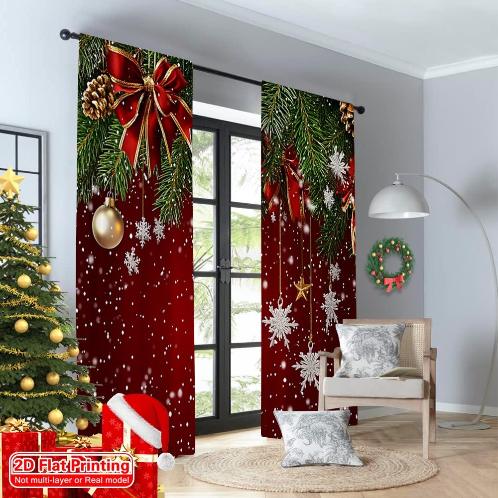 2D Flat Printing 2Pcs Christmas Curtains Classical Pine Tree Snowflakes Red Green Xmas Room Suitable For Living Room Bedroom
