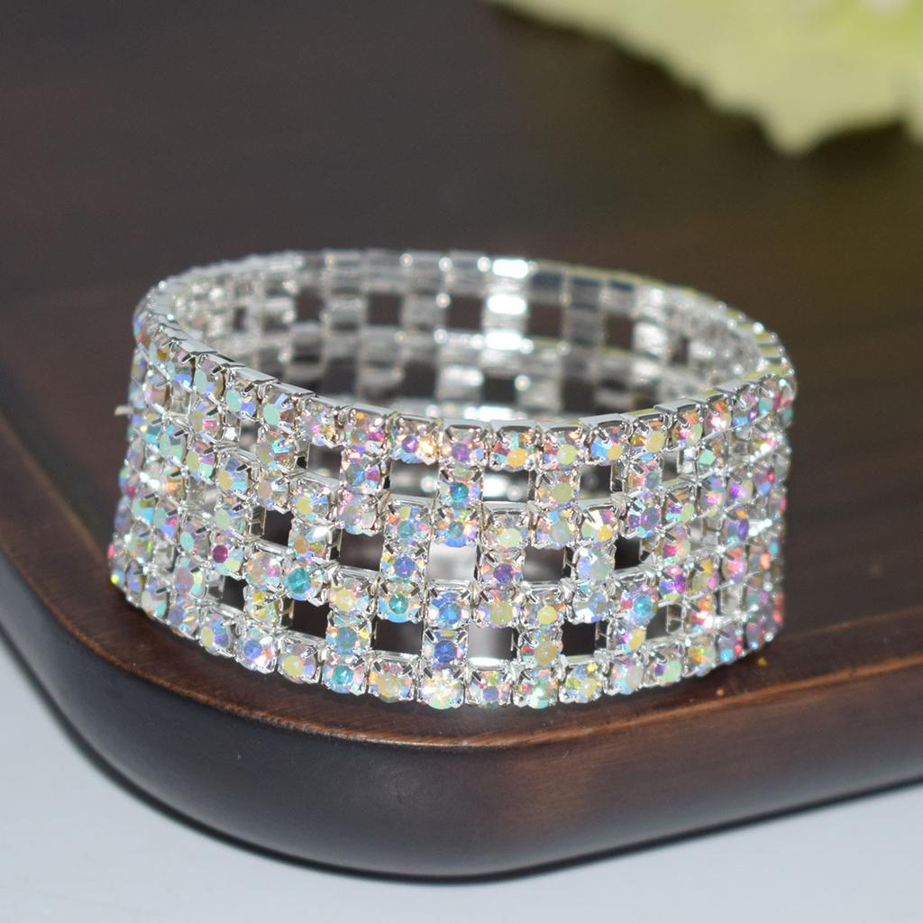 Europe and America Cross Border Fashion Multi-Layer Elastic Hollow Rubber Band Full Rhinestone Bracelet Exaggerated Wide Bangle