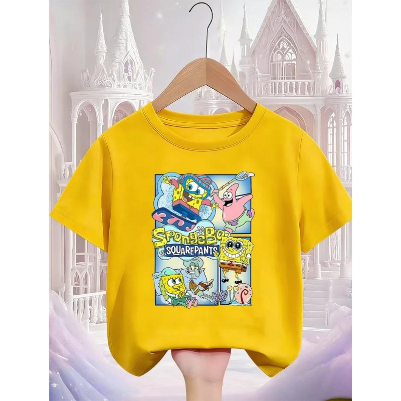 Summer Cute SpongeBob SquarePants Cartoon T Shirt 3-14Y Boys Girls Kawaii Fashion Street Hot Casual Crew Neck Kids