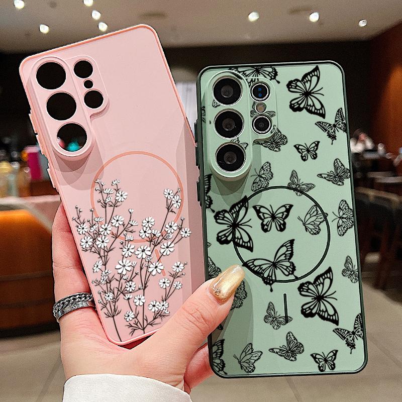 Line Rose Butterfly Floral Pattern Case For Samsung Galaxy S26 Ultra S25 Edge S24 Plus S23 FE S22 A17 A54 A55 A56 A57 5G Magnetic For Magsafe Cover