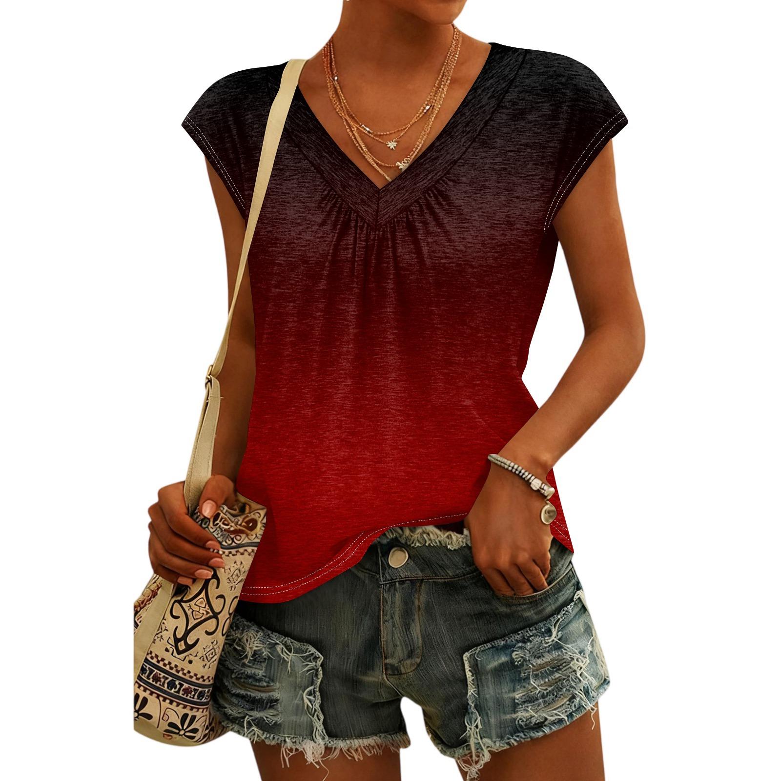 

Women s Fashion V-neck Gradient Print Short Sleeve Top XL винний