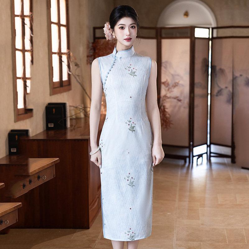 Blue sleeveless national style new Chinese style pinched waist long cheongsam improved 1011 new young women's high sense summer