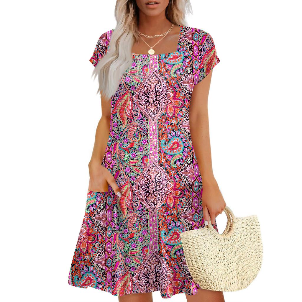 Summer Dresses For Women Loose Square Neck Cap Sleeve Casual Beach Vacation Tshirt Dress Sundresses With Pockets