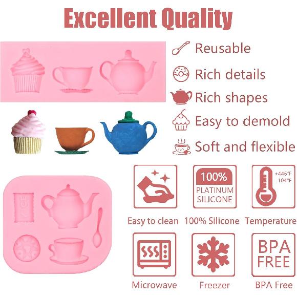Tea Party Silicone Molds 2 Pcs, Afternoon Tea Chocolate Fondant Mold for Cake Decoration, Candy Sugar, Cupcake Topper, Cake Pop, Popsicle, Polymer