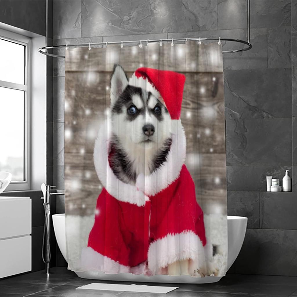 Süßer Sibirischer Husky Duschvorhang Weihnachtlicher Duschvorhang Set Husky Hund Welpe Badezimmervorhang Haustier Hunde Weihnachten Heimdekoration