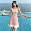 Spring Summer Beaded Knitted Mini Dress for Women Fashion Sleeveless Slimming Ruffle-Trimmed Sweater Dress