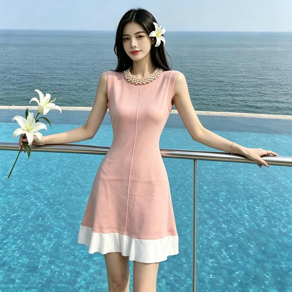 Spring Summer Beaded Knitted Mini Dress for Women Fashion Sleeveless Slimming Ruffle-Trimmed Sweater Dress