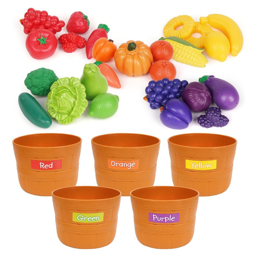 

30 Pieces Color Sorting Kitchen Pretend Play Food Toy Set -Fruit&Vegetable Shapes Educational Learning Toy ,Toddlers , Kids gift