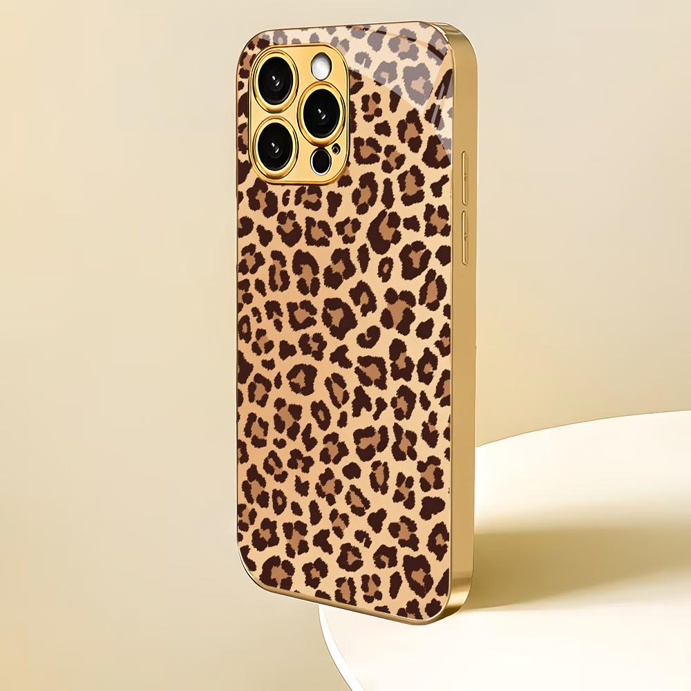 Goldfarbene Leopardenmuster-Metallic-Lackierung Glas-Handyhülle geeignet für iPhone 17 16 15 14 13 12 11 Pro Max Plus stoßfeste Rückseite