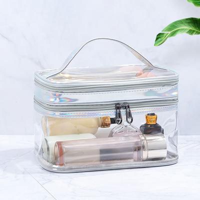Transparent Colorful Laser Double Layer Makeup Bags Large Capacity Cosmetic Bags PVC Waterproof Wash Bag Portable Storage Bag