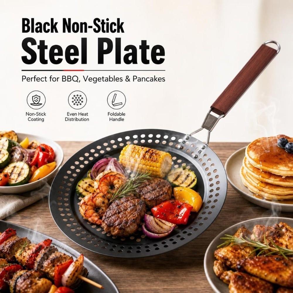 Wooden Handle BBQ Grilling Pan Folding Barbecue Plate Outdoor Grill Topper Kitchen Roasting