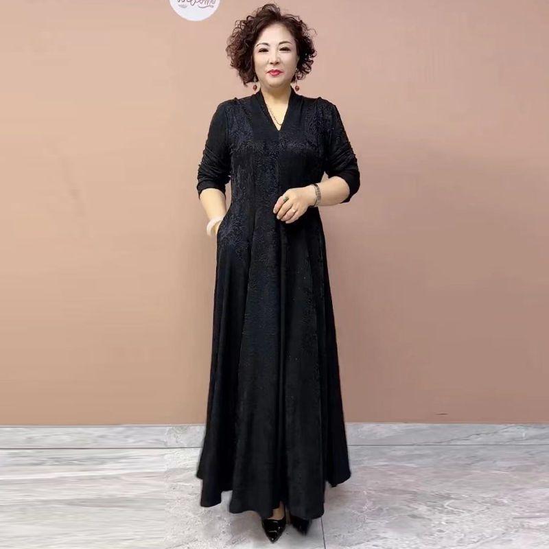 High-end Women's Plus-size Dress Spring and Autumn Slim-fit V-neck Long Printed Dress Stretchy A-line Dress