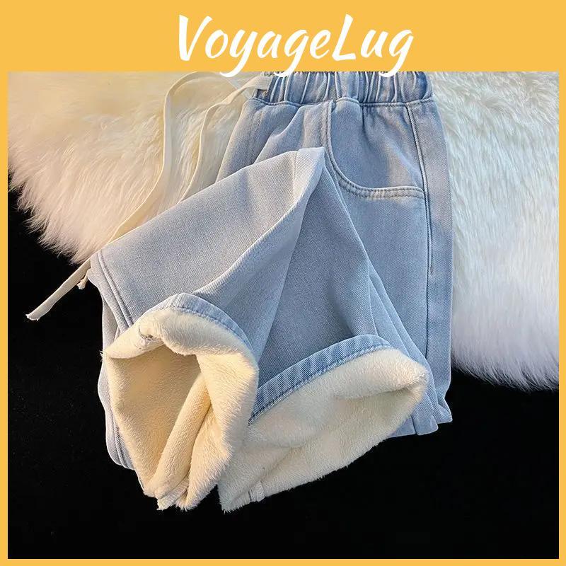 Plush Winter And Autumn And Thickened Jeans Mens Loose Straight Leg Pants Elastic Waist Wideleg Trousers Casual Trousers