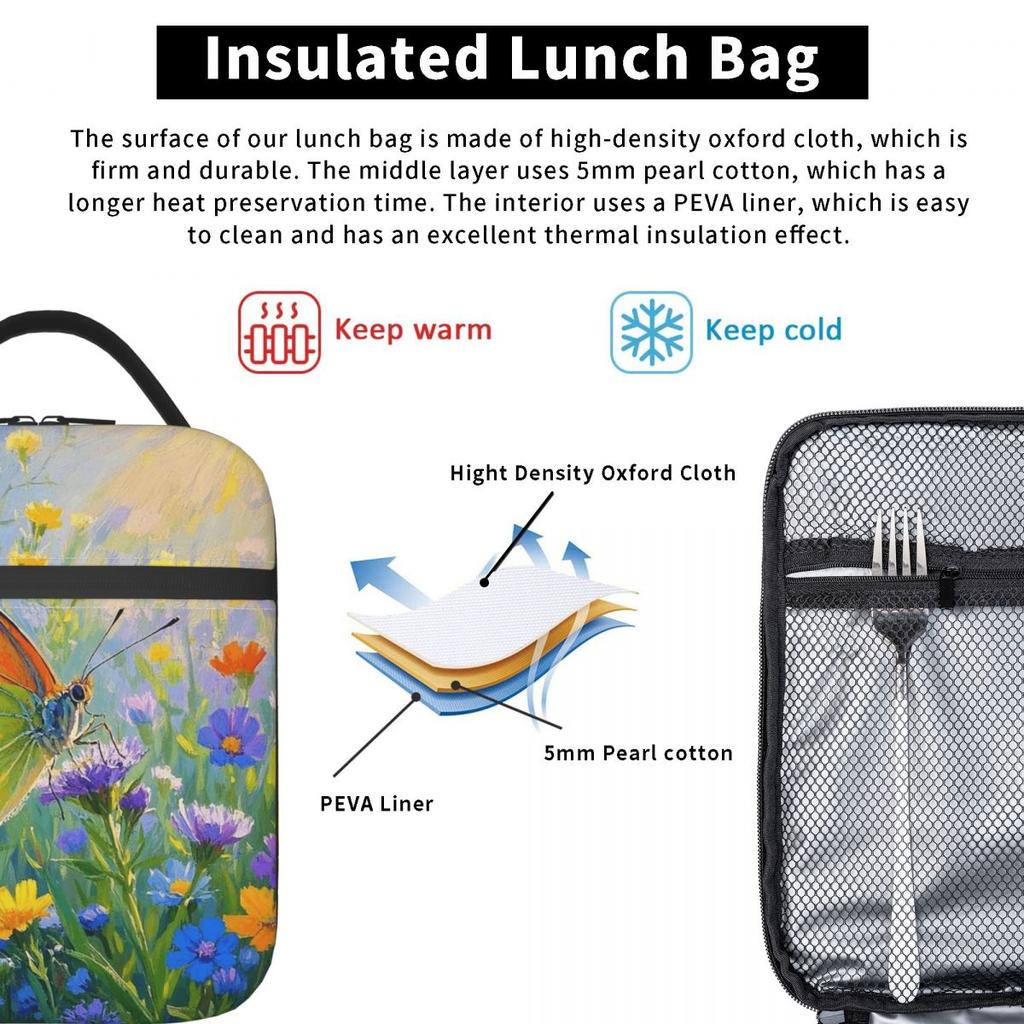 Butterfly Stands On Flowers Oil Insulated Lunch Bag for Women Office Cooler Thermal Food Box Tote Portable Lunch Boxes Container