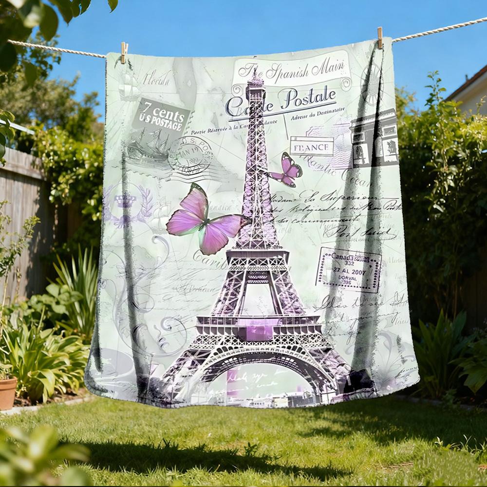 1pc Eiffel Tower Print Outdoor Blanket, Lightweight Polyester,