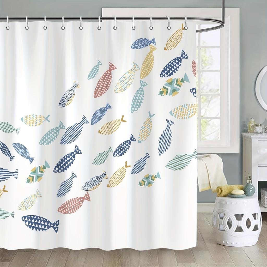 1pc Colorful Fish Shower Curtain, Ocean Swiming Fishes Cartoon White Minimalist Shower Curtains Decor for Bathroom Set