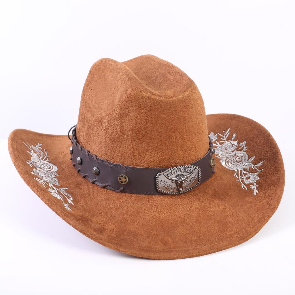 Popular European and American Classic Suede Western Cowboy Hat Men's and Women's Big Brim Embroidered Outdoor Sun Hat