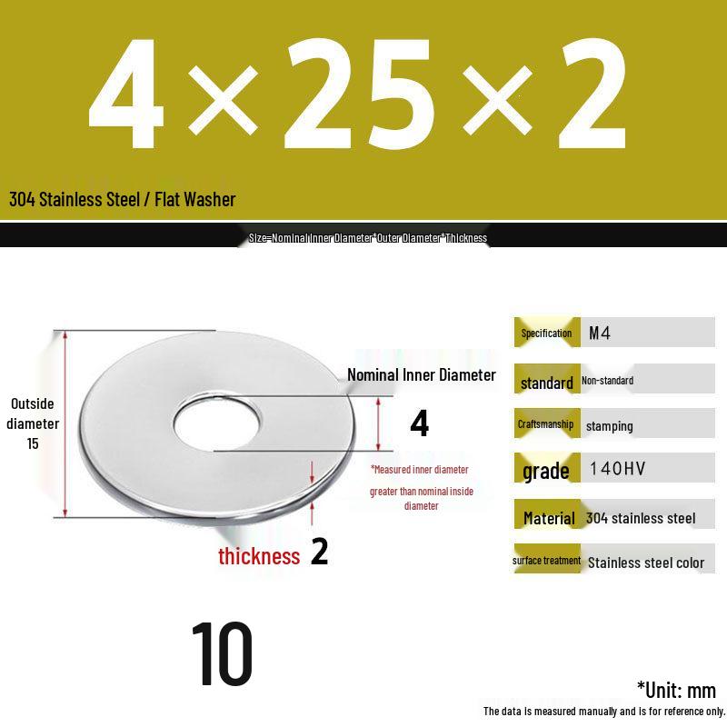 304 Stainless Steel Thickened Flat Washer Set, Sizes 2-36