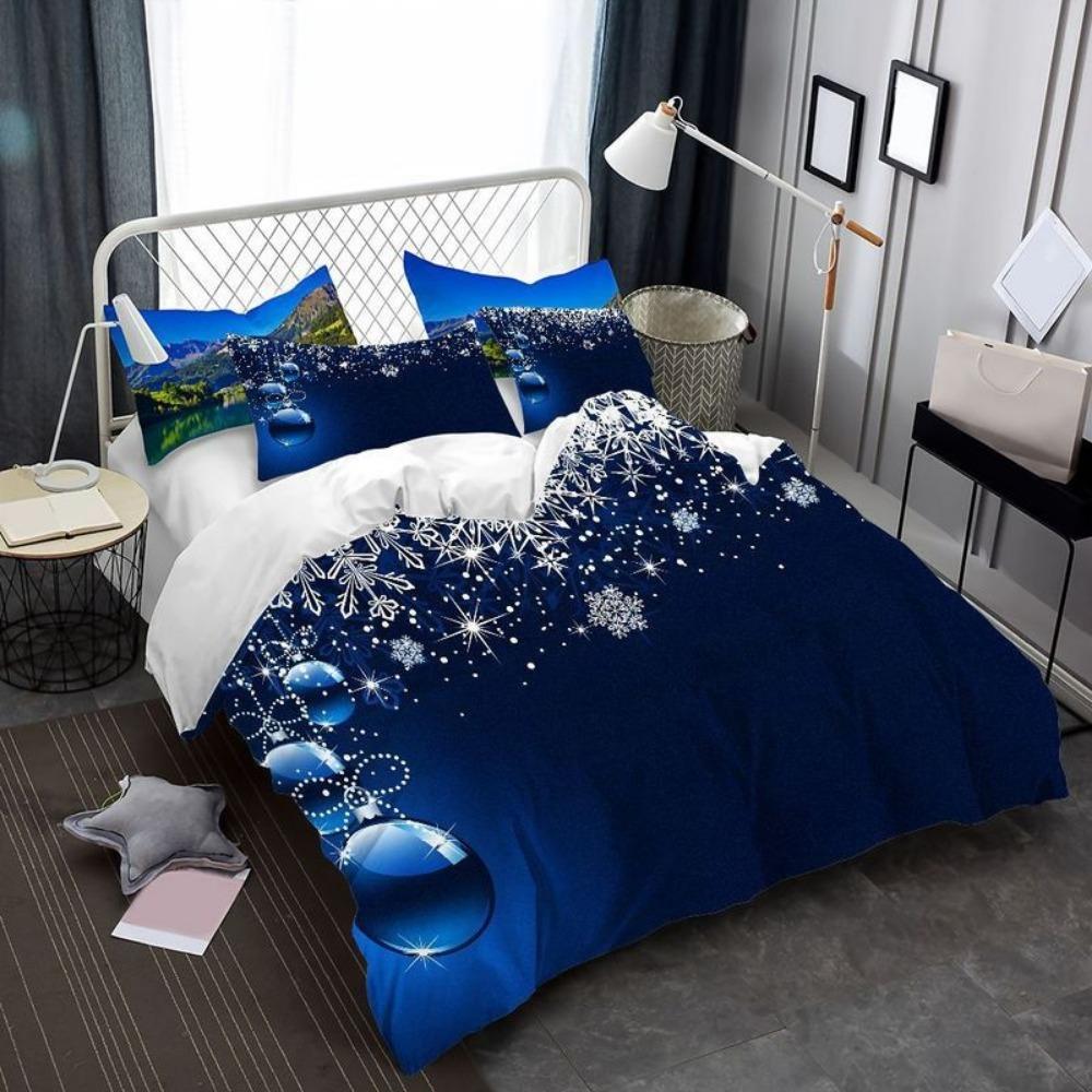3pcs Blue Beding Set Snowflake Printed Cozy Soft Duvet Cover King Quen Twin Sized Dimensions Birthday Gift Christmas Gift Bedrom Decor