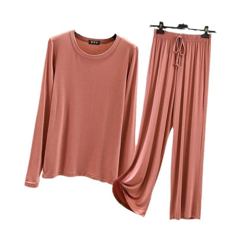 Damski jesienny zestaw piżamowy z bawełny modalnej – bluzka z długim rękawem i spodnie z szerokimi nogawkami