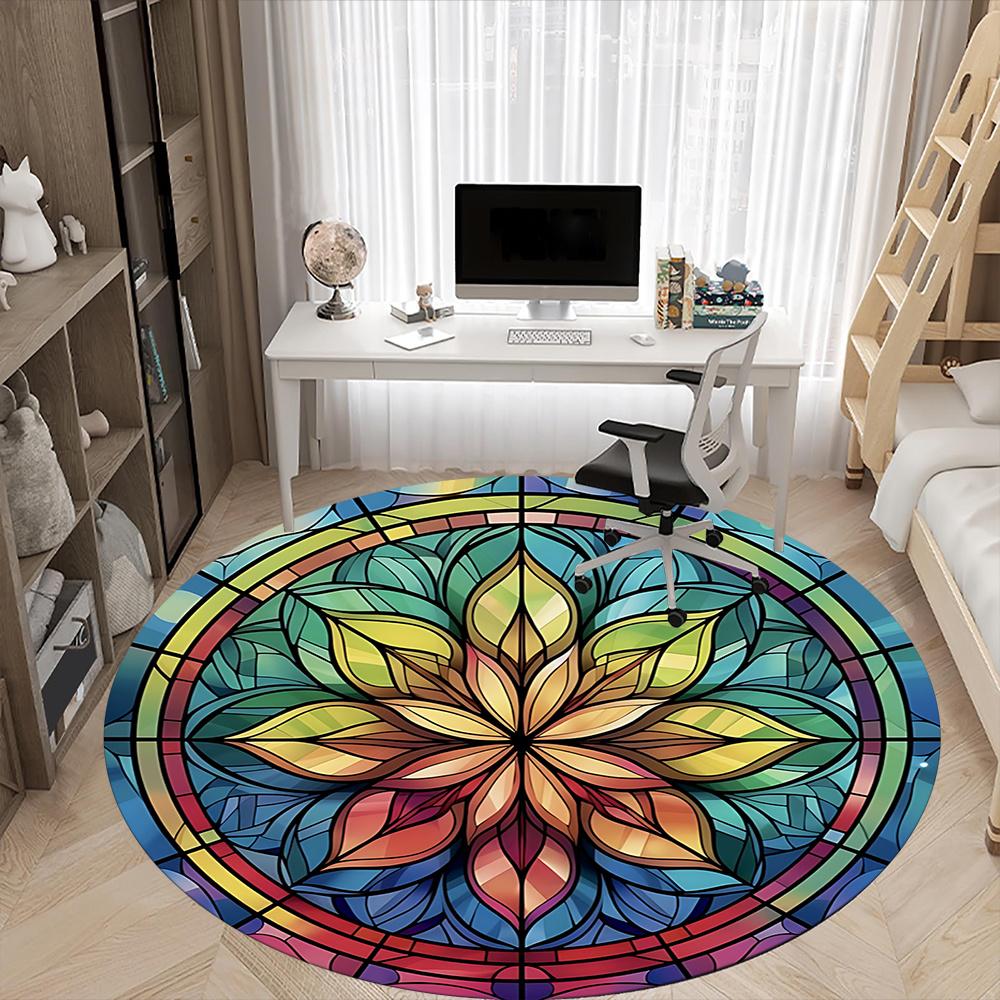 1pc Stained Glass Mandala Office Round Area Rug, Indoor Mat Suitable ForOffice, Under Office Chairs Bedroom Living Room Home Decor, Room Deco q069