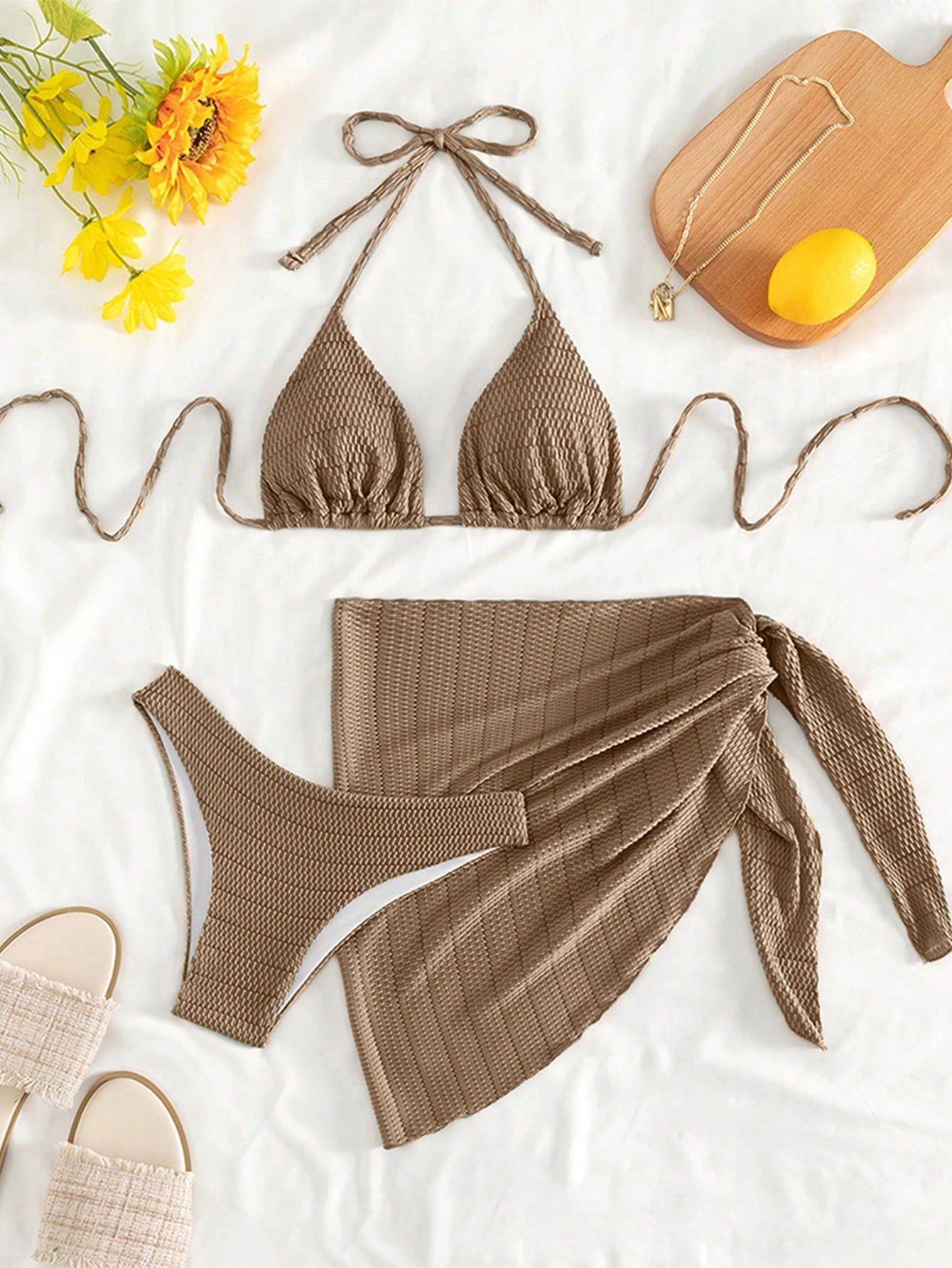 

Europe, America, Three-Piece Bikini Set, Strap-On One-Piece Swimsuit With Sunshade Skirt XL верблюд