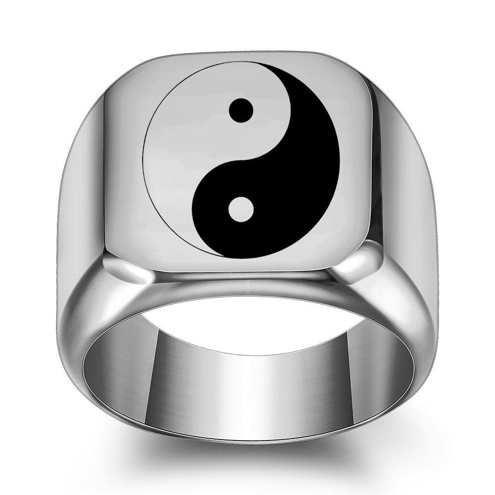 Laser Engraved Stainless Steel Yin Yang Tai Chi Ring - 19MM Square Bagua Design Size 8