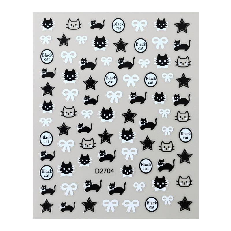1-6pcs Black Cat Stickers Cute Cartoon Graffiti Cat Nail Stickers Art Self Adhesive Decals Heart Bowknot Stars Manicure Tools