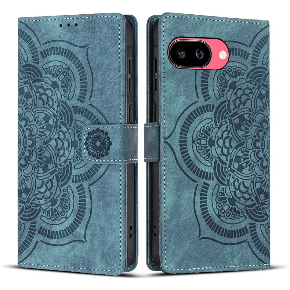 

Кожаный чехол для Google Pixel 9a WANLONFENG Серия HDM Тиснение мандалы Кошелек-подставка Чехол для телефона Blue