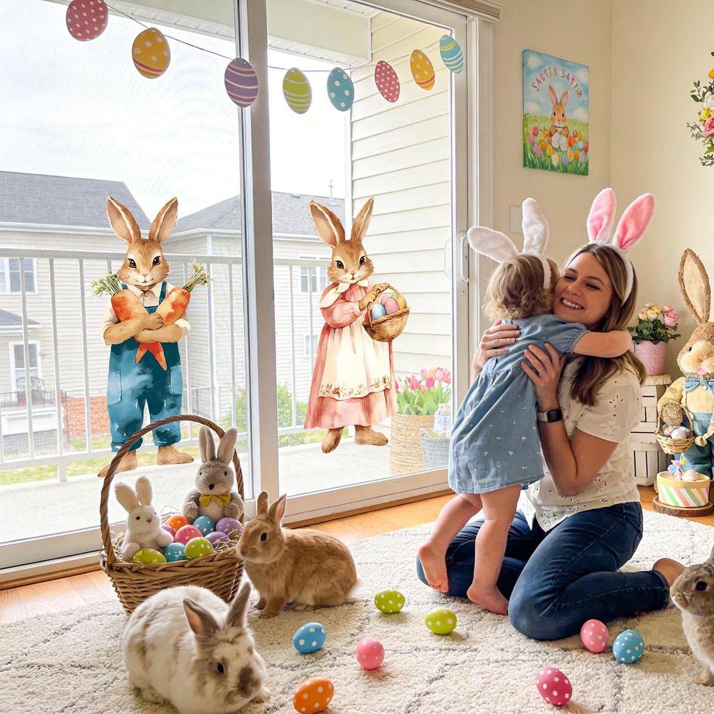 Easter Rabbits Door Sticker Kid Room Decoration Wall Window Decals Bedroom Self-adhesive Home Decor Wallpaper Cute Bunny Mural