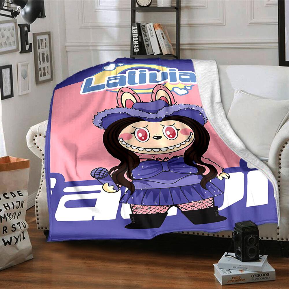 1Pc Cute Labubu Blanket Soft Comfortable Polyester Blanket Allseason Bedroom Office Outdoor Use Christmas Gift Choice Print Home Blanket Soft And Comf