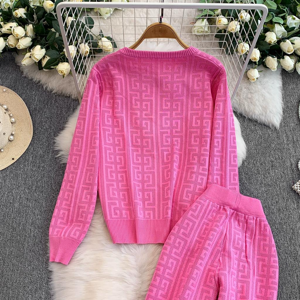 Jesień Zima Damski Designerski Wzorzysty Dzianinowy Sweter Spodnie Dwuczęściowy Zestaw Długi Rękaw Jednorzędowa Kurtka Top i Spodnie z Elastycznym Pasem Dres