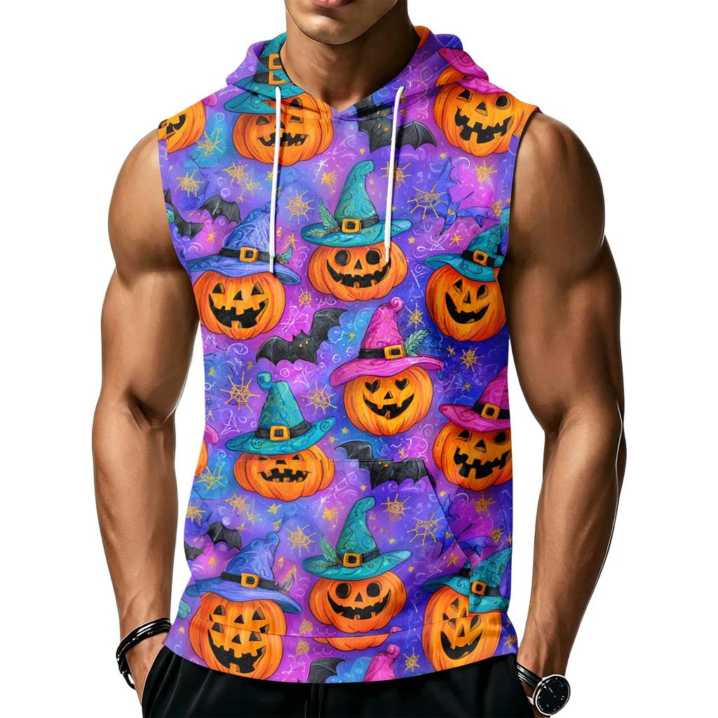 Men's Print Sleeveless Hoodie with Pockets and Drawstring - Casual Tank Top Vest for Outdoor Sports